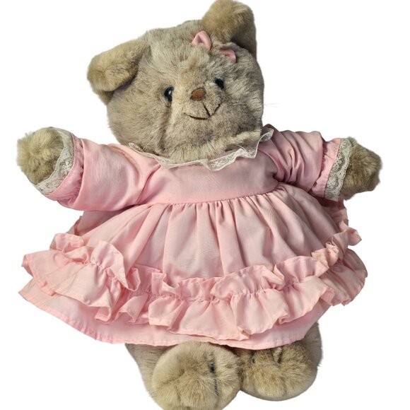 Vintage Kitten Plush Pink Dress Bow Stuffed Animal Toy Cat Kitty Ruffles 13 inch - Picture 13 of 13